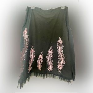 Fun Black Cotton Skirt with Pink Embroidered Peacock Feathers